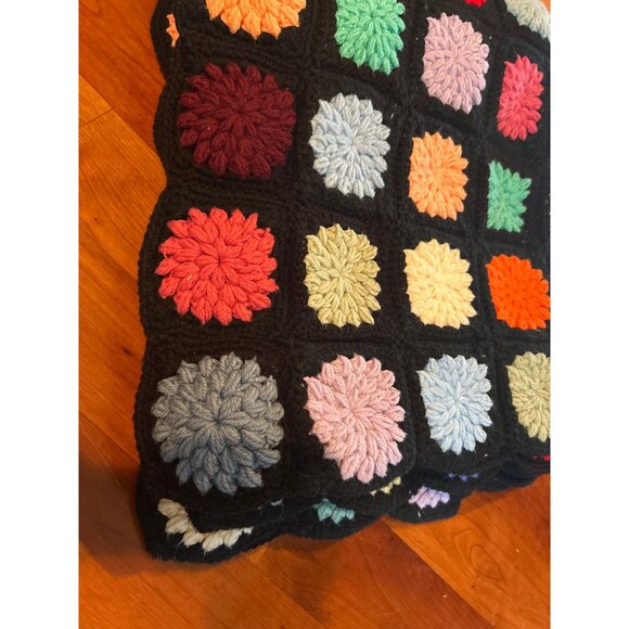Handmade Crochet Black Multicolor Afghan Granny Blanket Throw Roseanne 48"x68" - Picture 8 of 9